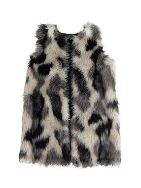 Almost Famous Shaggy Faux Fur Vest with Knit Back MEDIUM Black Gray White